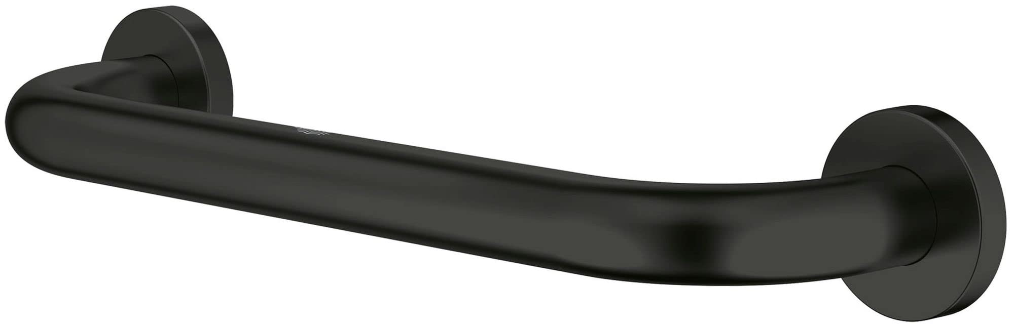 Brushed nickel curved grab bar with circular wall-mounted flanges at each end.