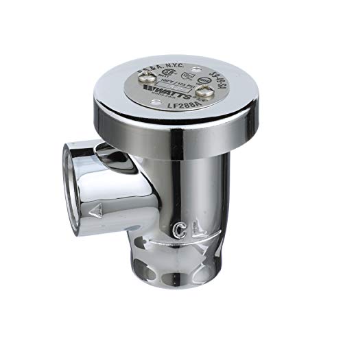 Chrome vacuum breaker with 3/8 inch connection, flat top cap with technical markings, and side outlet port.