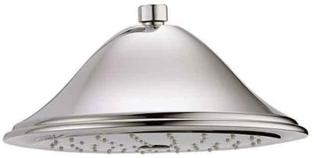 Polished nickel raincan shower head with wide dome face and single-setting spray pattern.