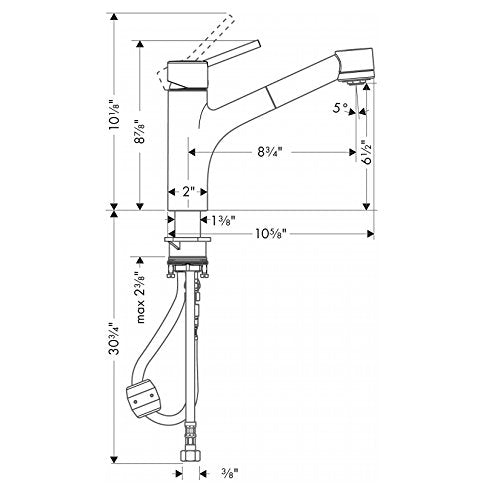 Chrome kitchen faucet with pull-out spray head and curved spout, shown with dimensions and installation specifications.