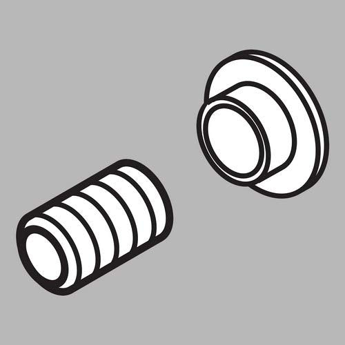 Stainless steel set screw and button hardware components shown in cylindrical and circular forms.