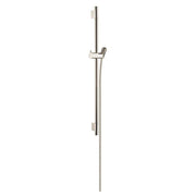 Polished nickel wall-mounted shower bar with sliding handshower holder and mounting brackets.