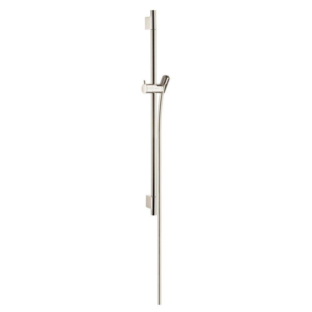 Polished nickel wall-mounted shower bar with sliding handshower holder and mounting brackets.