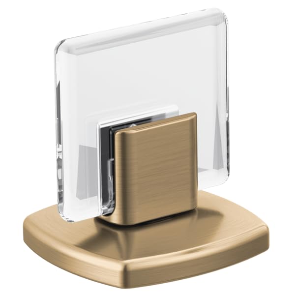 Brushed gold square knob handle with matching base plate and clear protective cover.