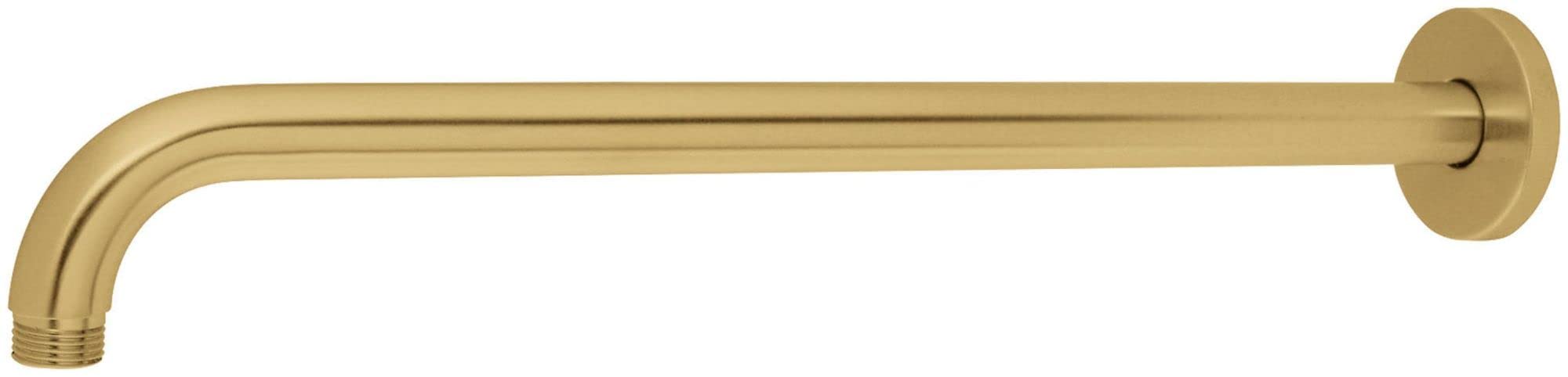 Grohe Rainshower brushed gold shower arm, 15 inches long, with wall-mounted circular flange and curved spout.