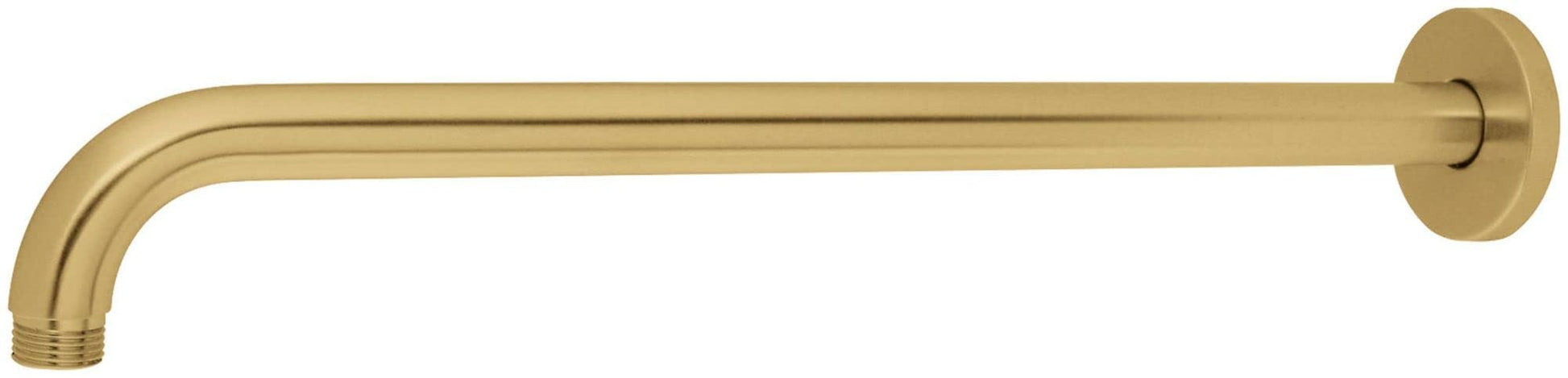 Curved brass shower arm with wall-mounted circular flange and threaded connection point.