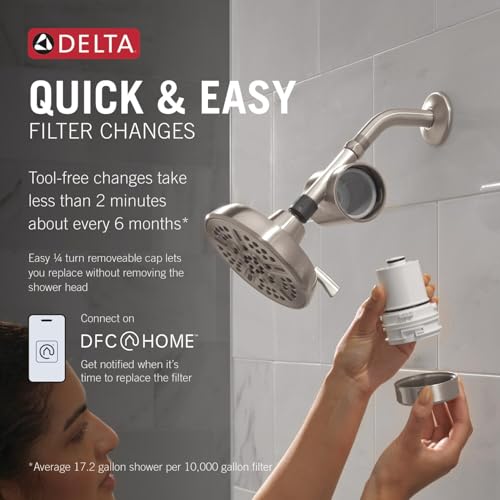 Brushed nickel shower filter attachment with removable cartridge and wall-mounted showerhead showing filter replacement proce