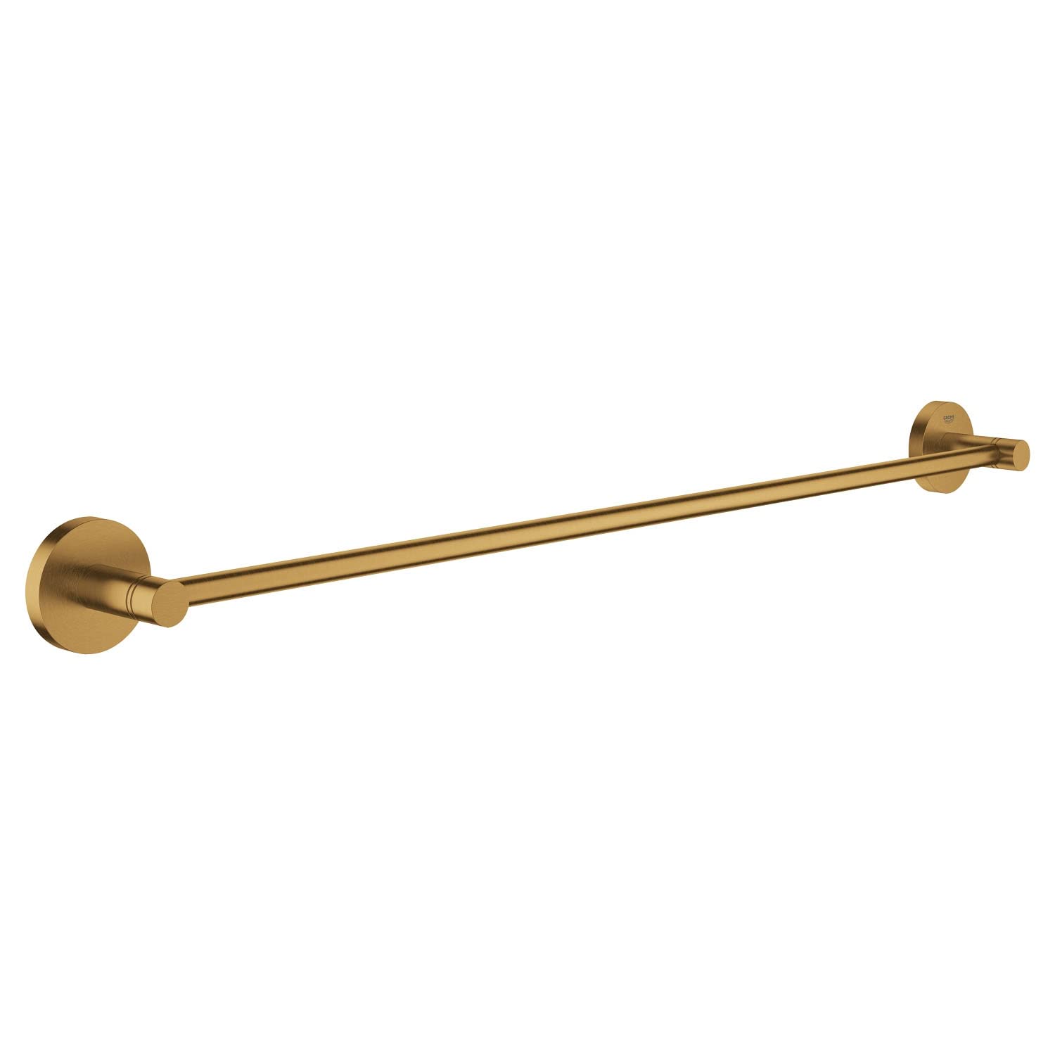 Brushed gold towel bar with circular wall-mounted brackets on each end, 24 inches long.