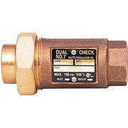 Brass dual check backflow preventer with union connections and black label marking inlet and outlet ports.