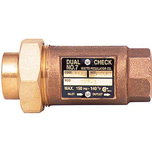 Brass dual check backflow preventer with union connections and black label marking inlet and outlet ports.
