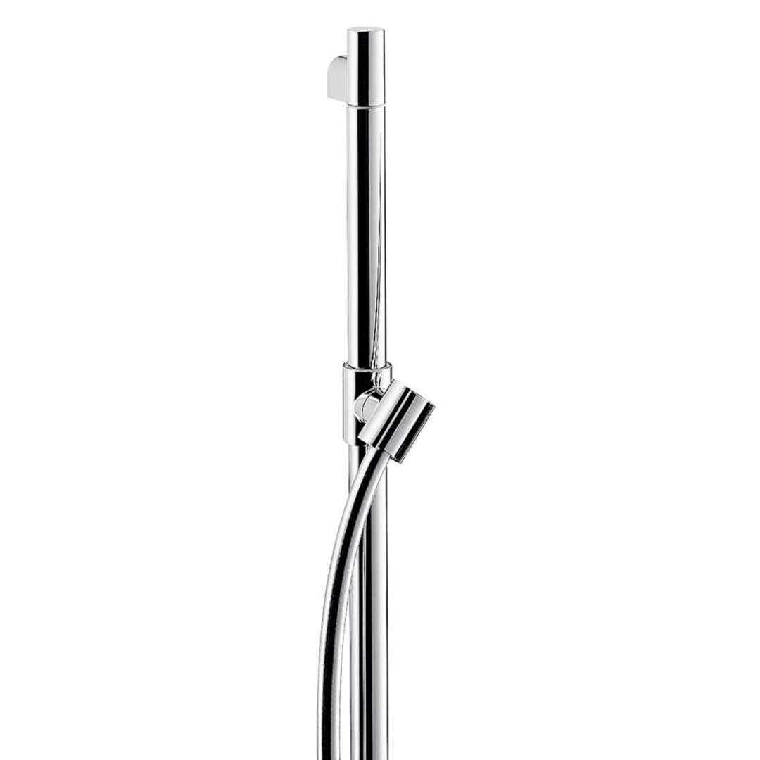 Chrome wallbar with vertical rail, adjustable sliding handshower holder, and wall-mounted support bracket.