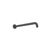 Rubbed bronze shower arm with circular wall mount and angled elbow pipe extending right.