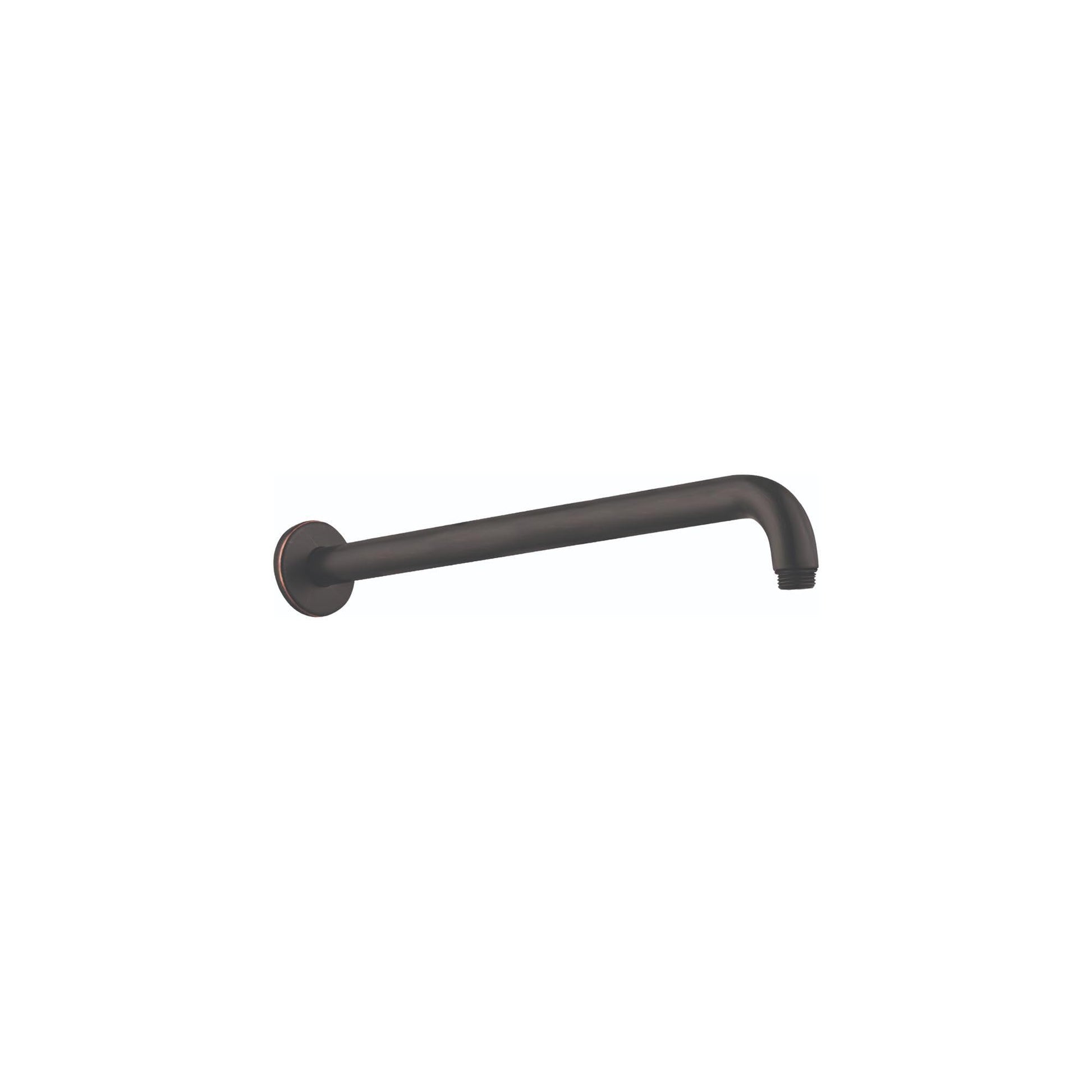 Rubbed bronze shower arm with circular wall mount and angled elbow pipe extending right.