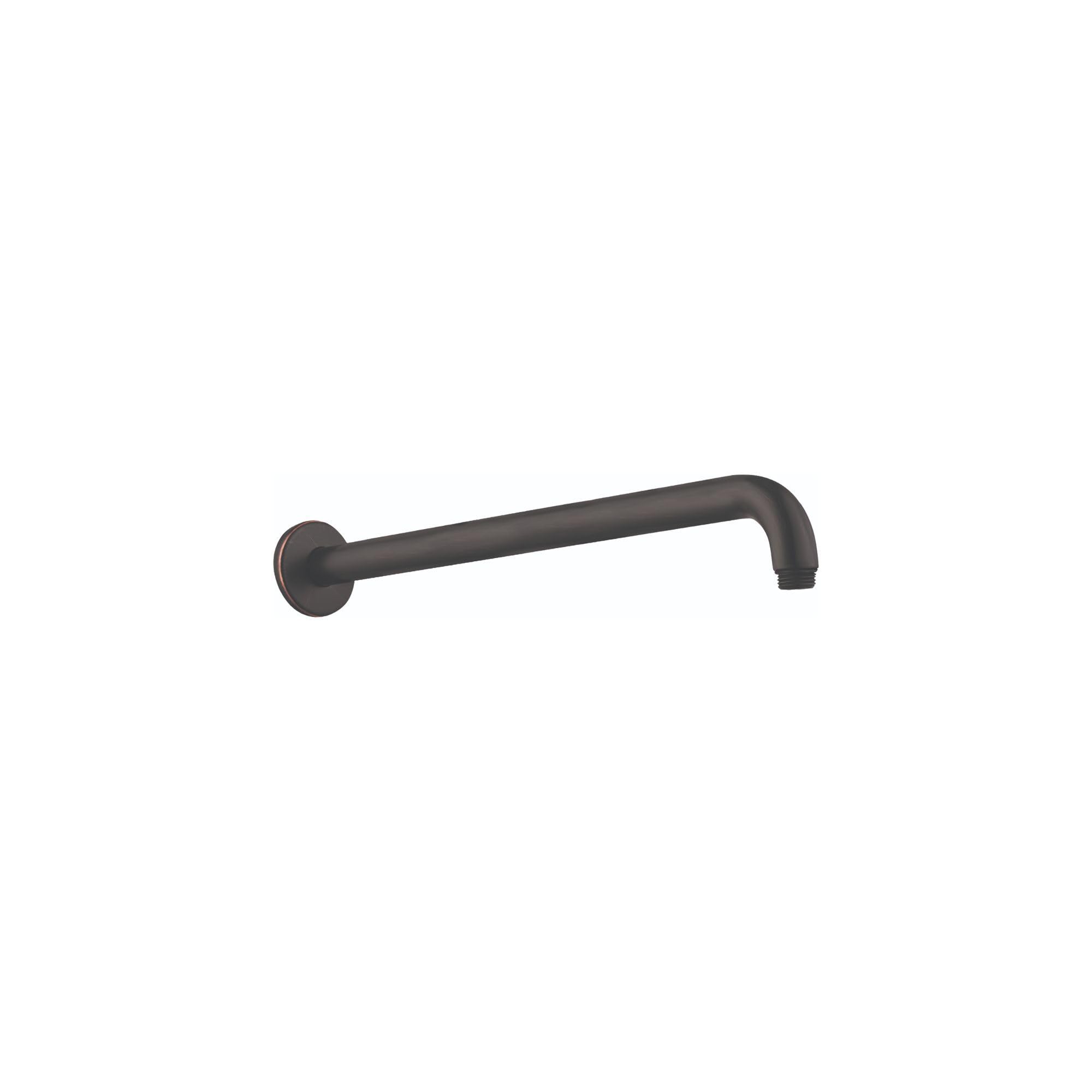 Rubbed bronze shower arm with circular wall mount and angled elbow pipe extending right.