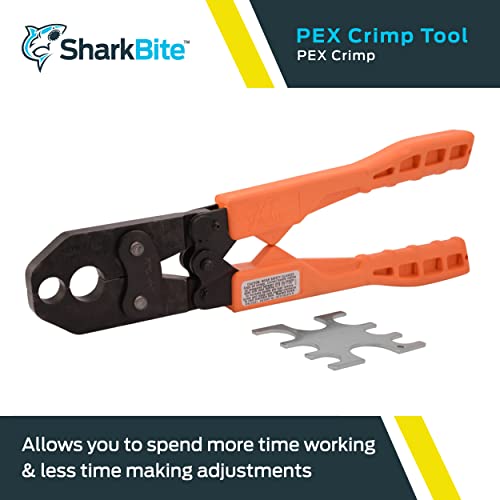 Sharkbite PEX crimping tool with orange handles and black head, shown with metal crimp die insert.