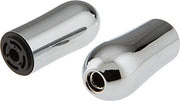 Two chrome metal lever handle accents with black trim and connector ports shown from different angles.