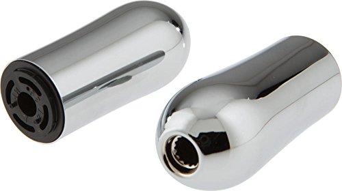 Two chrome metal lever handle accents with black trim and connector ports shown from different angles.
