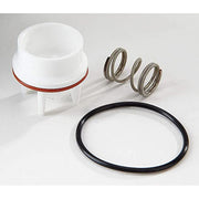 White plastic float bowl with red gasket, metal coil springs, and black rubber seal ring.
