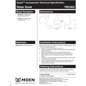 Moen YB2303BN black wall-mount robe hook with installation and cleaning specifications.