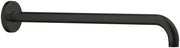 Matte black shower arm with wall-mounted circular flange on left end and angled outlet on right.