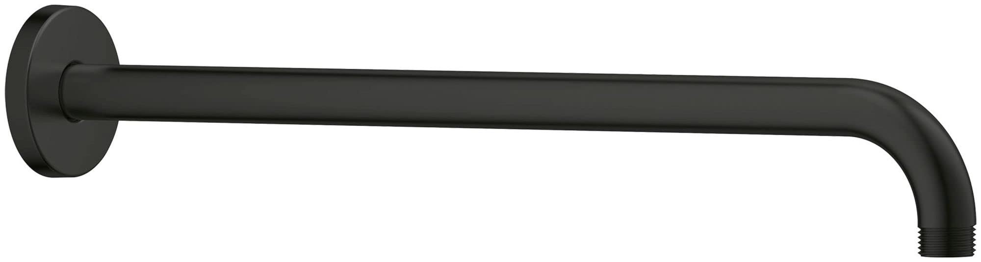 Matte black shower arm with wall-mounted circular flange on left end and angled outlet on right.