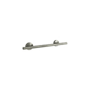 Brushed nickel towel bar with cylindrical mounting brackets on each end.