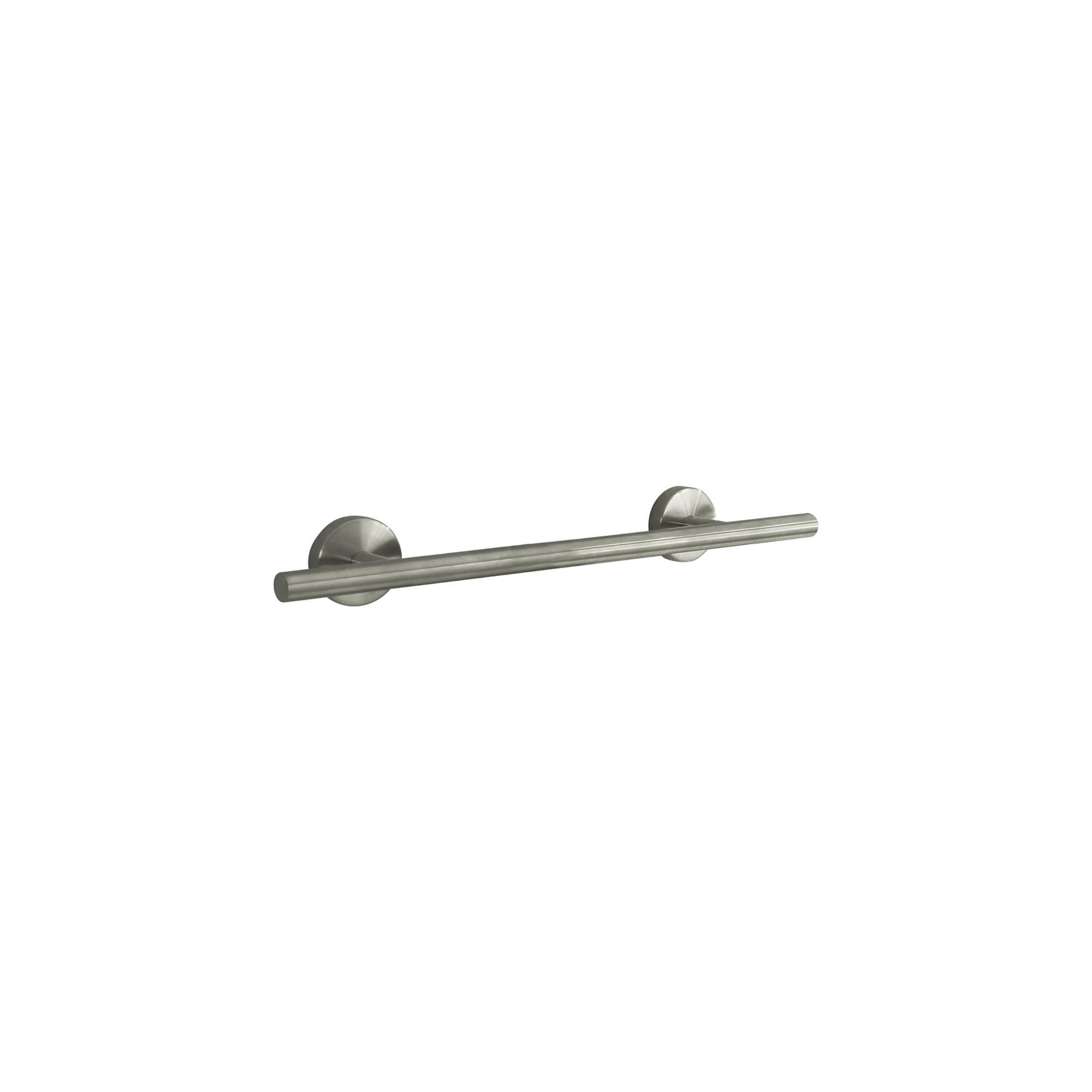Brushed nickel towel bar with cylindrical mounting brackets on each end.