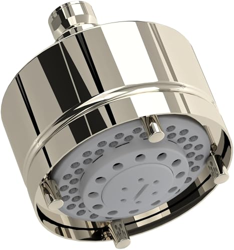 Polished nickel 4-inch showerhead with curved chrome body and gray perforated spray face showing multiple water jet openings.