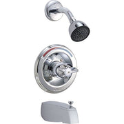 Chrome single-handle tub and shower trim with round showerhead and valve control featuring blade lever handle.