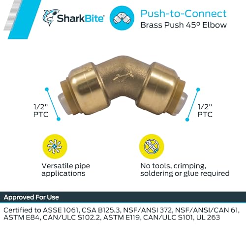 Brass 45-degree push-to-connect elbow with 1/2 inch connections on both ends.