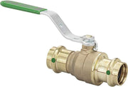 Bronze ball valve with green metal handle and press-fit connection ports on both ends.