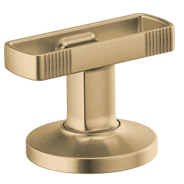 Brushed gold faucet handle with vertical ridged grip and cylindrical stem on circular base.