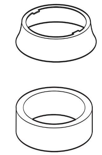White plastic escutcheon and gasket ring components for pull-out faucet installation, shown from top and side views.