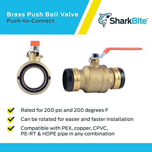 Brass ball valve with push-to-connect fittings, red lever handle, shown from two angles.
