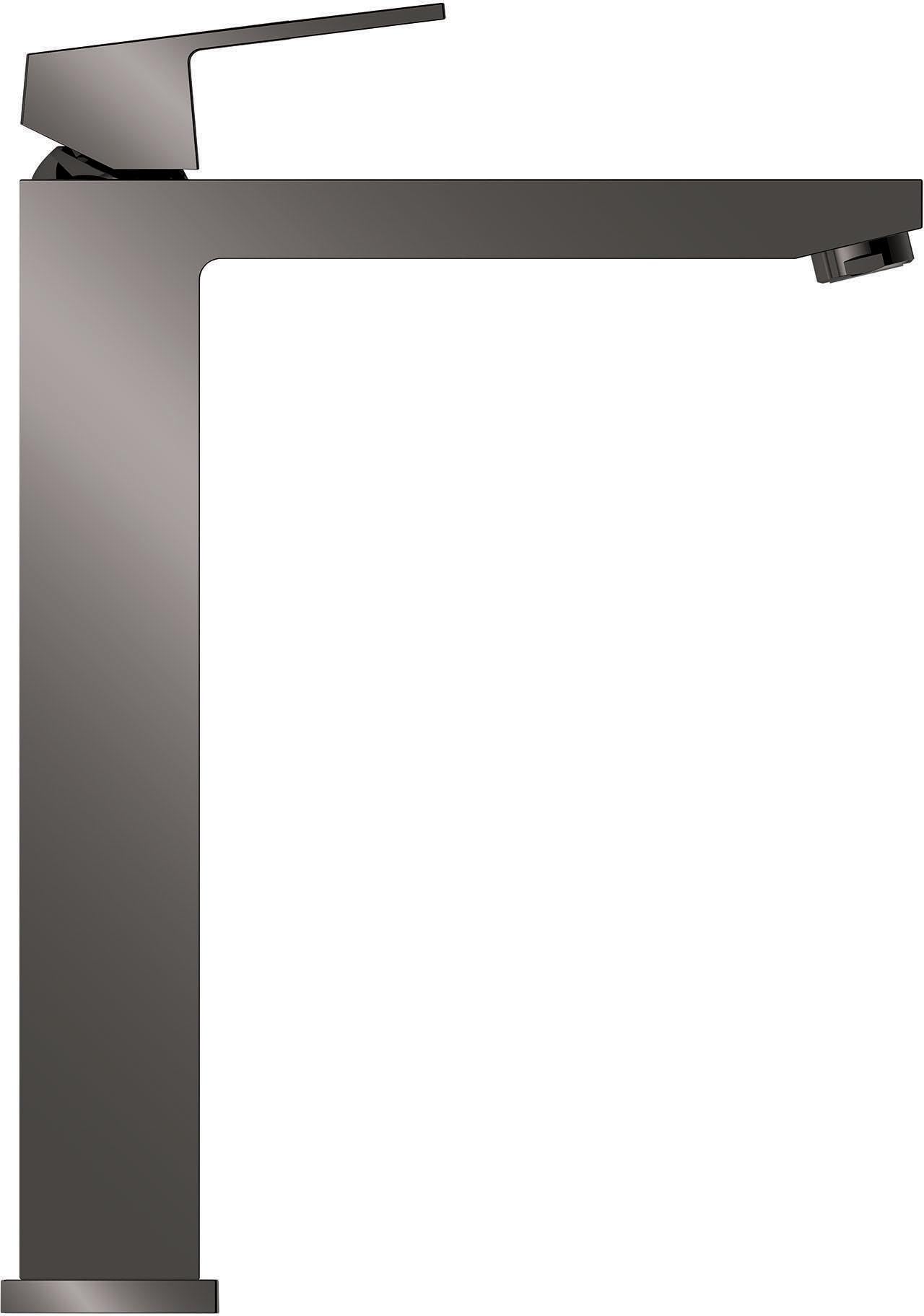 Matte black single-handle faucet with tall squared body, angled spout, and deck-mounted base for vessel sink.