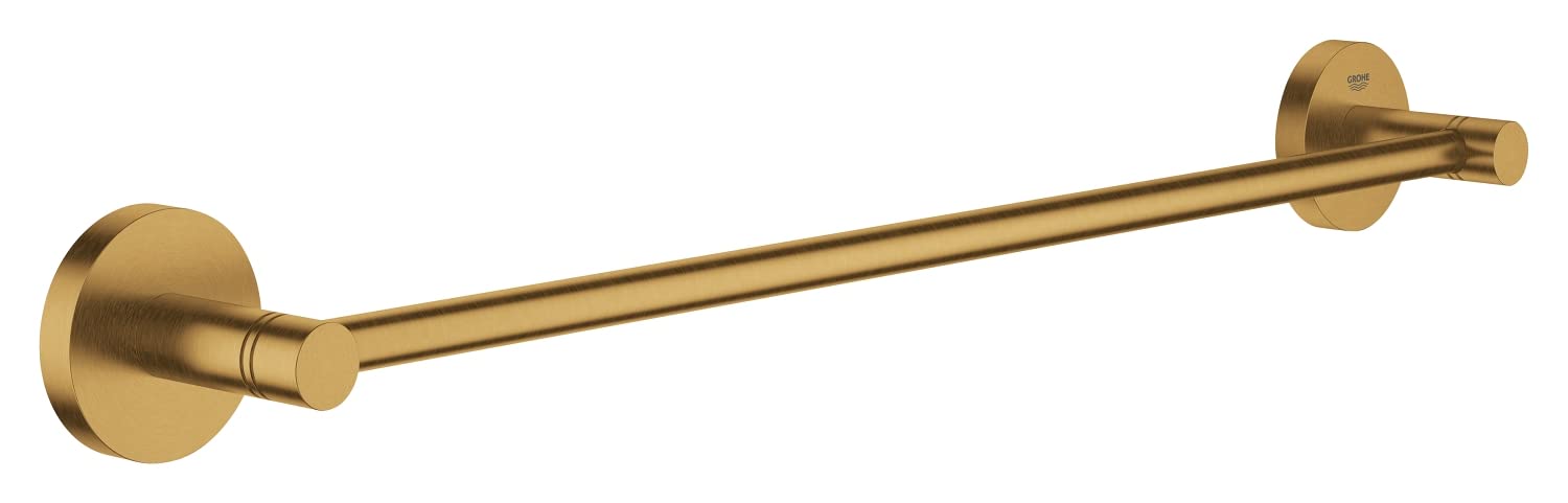 Brushed gold towel bar with circular wall-mounted ends and cylindrical rod.