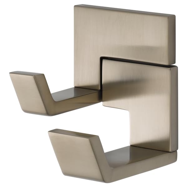 Brushed nickel double robe hook with two curved hooks mounted on rectangular backplate.