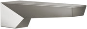 Brushed stainless steel tub spout with angular geometric design and water outlet spout.