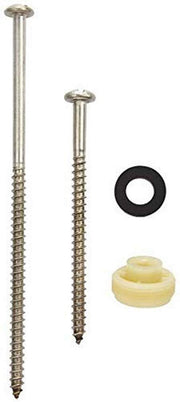 Chrome fixing set containing two metal screws, black rubber washer, and cream-colored plastic fitting.