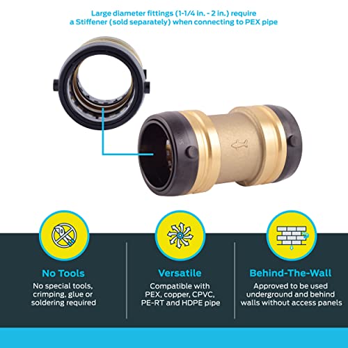 Brass push-to-connect coupling fitting with black grip rings, 1-1/2 inch diameter, shown assembled and disassembled.