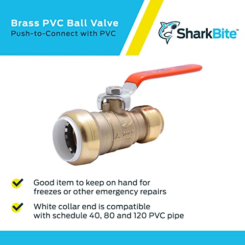 Brass ball valve with red lever handle and push-to-connect fittings for PVC pipe connections.