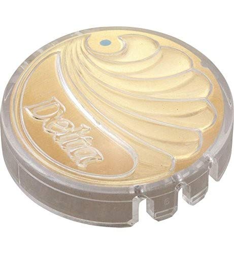 Polished brass button set with clear plastic cover, showing Delta branding and spiral ridged design.