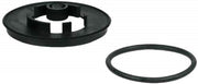 Black plastic shank mounting kit with circular escutcheon plate and rubber seal ring.