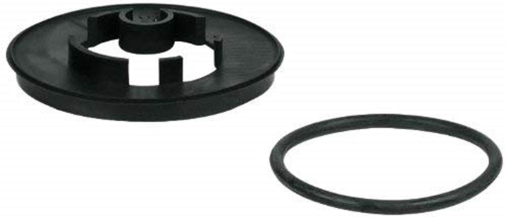 Black plastic shank mounting kit with circular escutcheon plate and rubber seal ring.