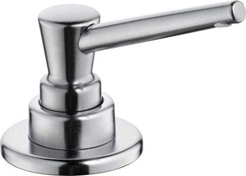 Stainless steel soap and lotion dispenser with cylindrical pump and round base.