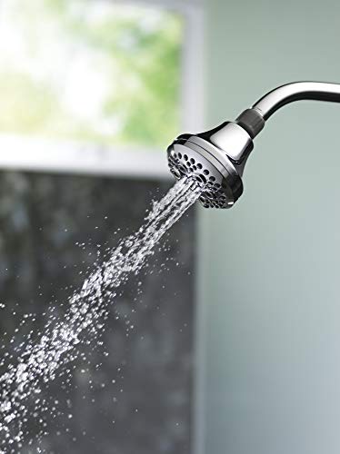 Chrome shower head with curved arm dispensing multiple water streams from perforated nozzle.
