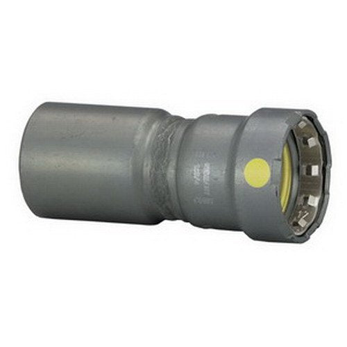 Carbon steel press reducer fitting with zinc-nickel coating, one end larger diameter than the other, yellow indicator dot vis