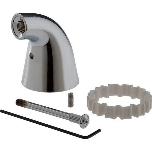 Chrome metal lever handle with dome-shaped base, shown with mounting hardware and installation tools.