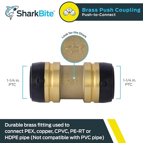 Brass push-to-connect coupling fitting with black grip rings on each end, 1-1/4 inch PTC connections.