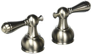 Pair of stainless steel lever handles with tapered bases and decorative finials on white background.